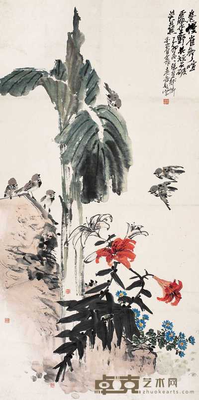 胡郯卿 程璋 王季眉 1915年作 芭蕉麻雀 立轴 146×73cm